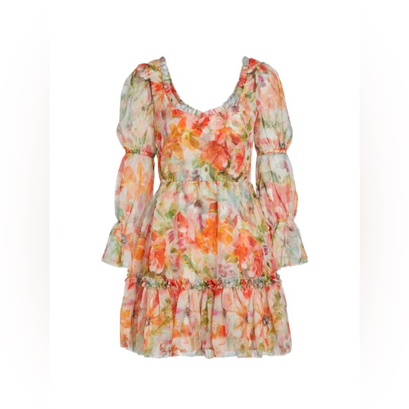 Abstract Floral Printed Chiffon Mini Dress - Melon - SIZE 8 - Picture 5 of 13
